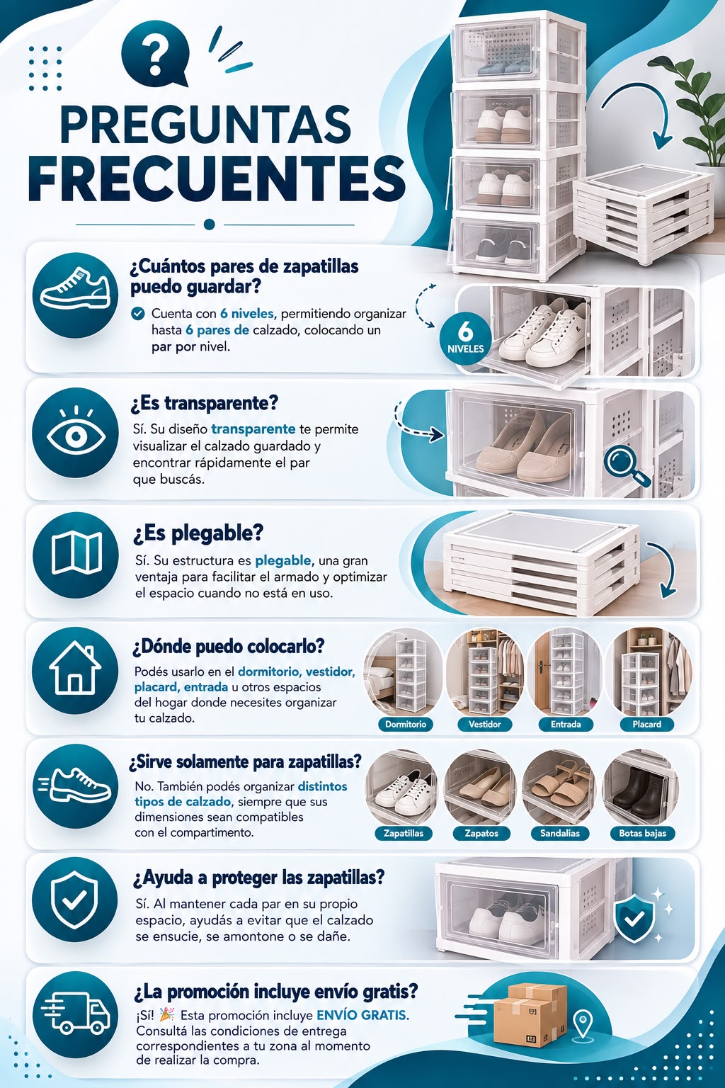 Organizador transparente y plegable para seis pares de zapatillas